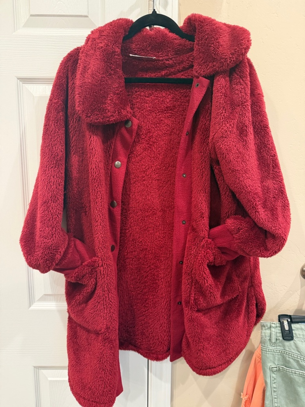 Plush Red Teddy Jacket with Snap Closure